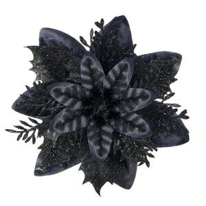 Dozen Black Glitter Artificial Poinsettia Flower Christmas Tree Clips, 5 inches